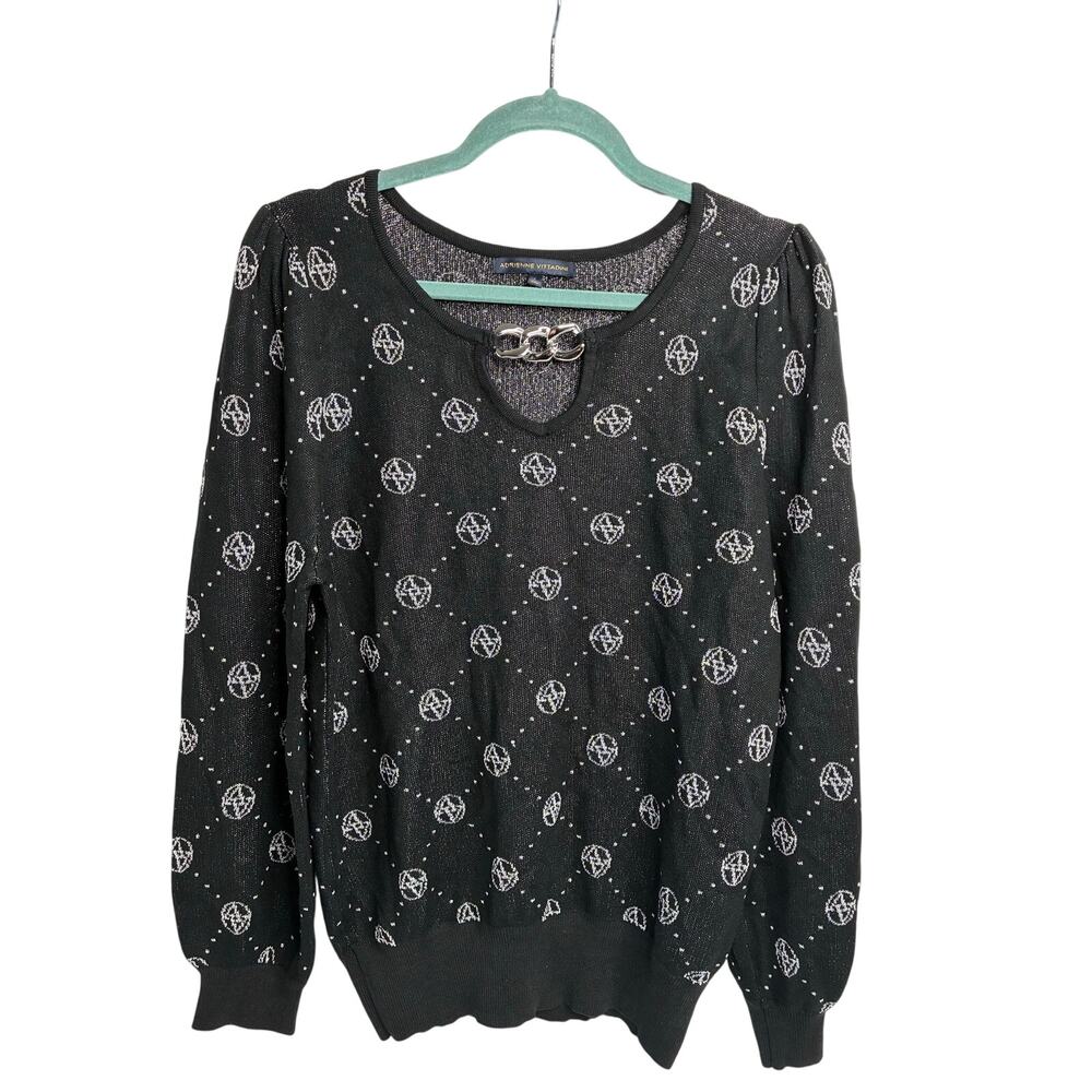 Adrienne Vittadini Black Gray Metallic Silver Sweater Top Large